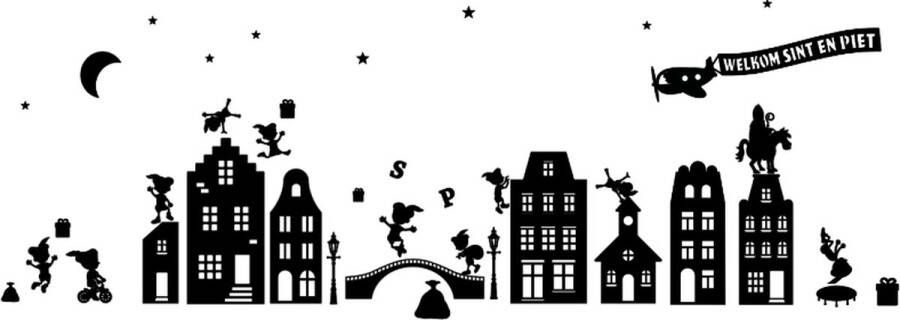 Bij ons onder de panne Herbruikbare statische raamfolie Sinterklaas dorp Thema Sinterklaas Sint en Piet en boot Sinterklaasdorp V2