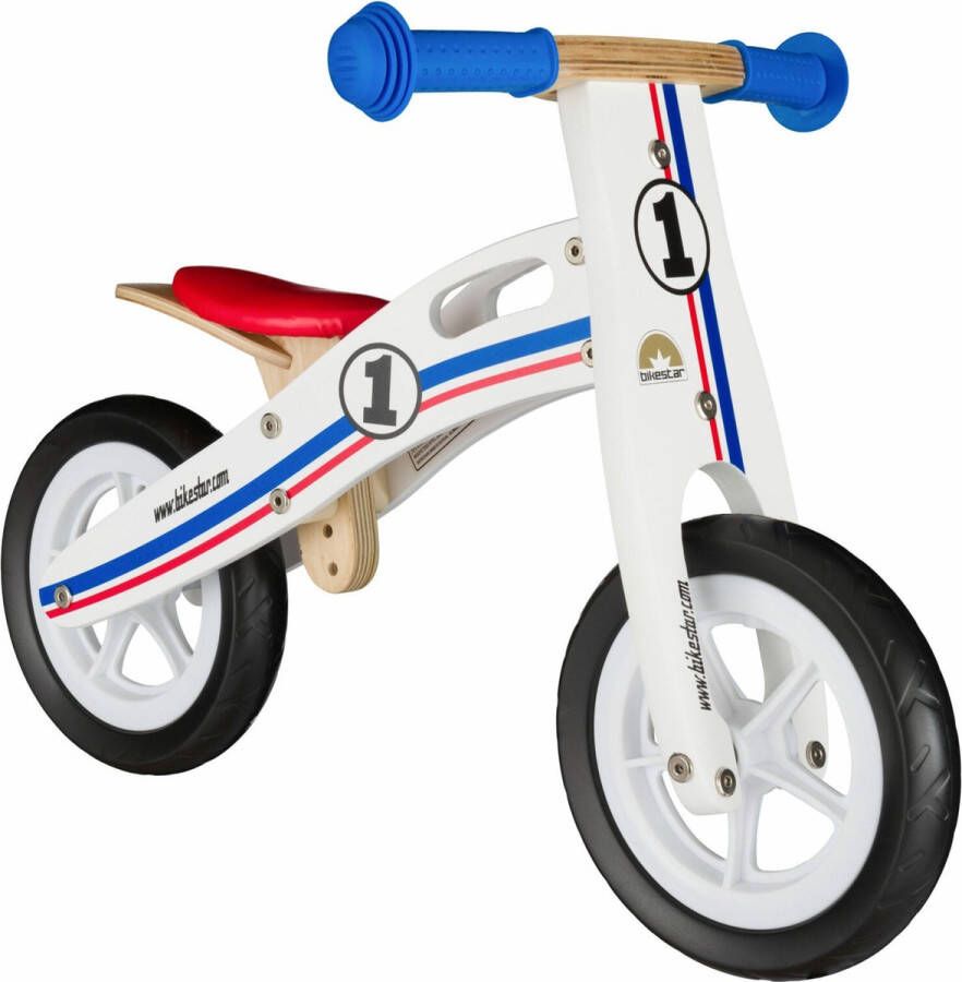 Bikestar 10 inch houten loopfiets blauw wit rood