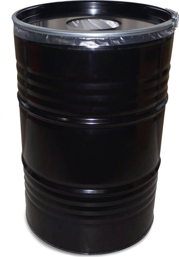 BinBin Hole industriële metalen afvalbak| prullenbak zwart 200 Liter olievat met gat in deksel 57x87 cm