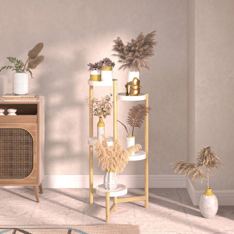 Bingopaw Bamboe Planten Rek Indoor 5 Tier Tall Hoek Plant Standaard Houder Plant 5 Display Rack Outdoor Tuin Indoor Home Plantenrek Luxe Planten Tafel Wit