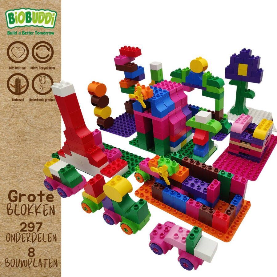 BiOBUDDi Big Blocks XL set Bouwblokken speelgoed Bouwset van 300+ stukjes Passend op alle grote blokkenmerken zoals Duplo Eindeloos speelplezier