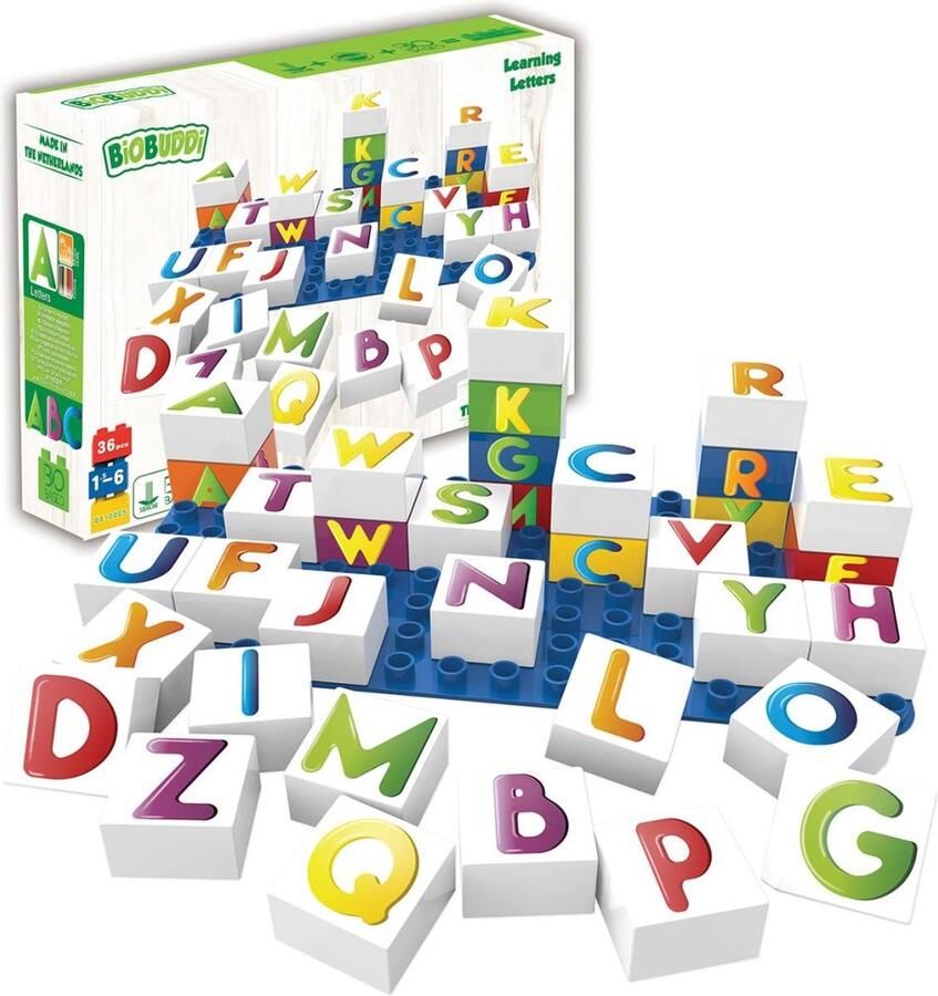 BiOBUDDi Letterset met basisplaat Alfabet Bouwspeelgoed Biologisch plastic Passend op Lego Duplo CO2 Neutraal + 100% Recyclebaar