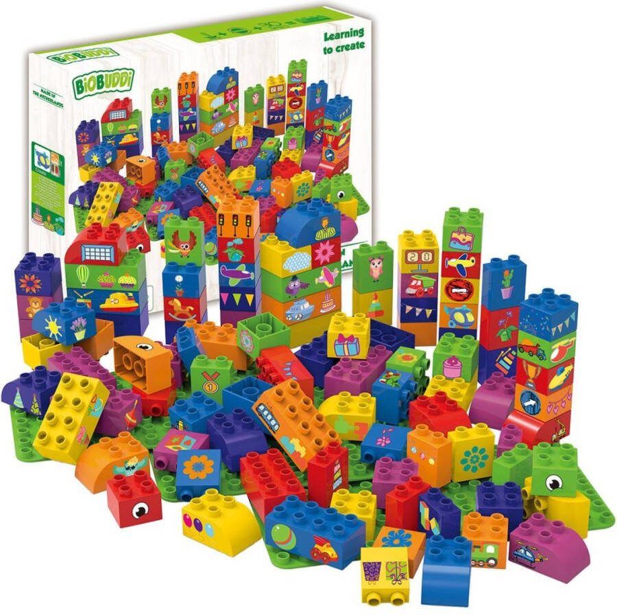 BiOBUDDi Bouwset met 3 basisplaten Bouwspeelgoed Biologisch plastic Passend op Lego Duplo Inclusief stickervel CO2 Neutraal + 100% Recyclebaar