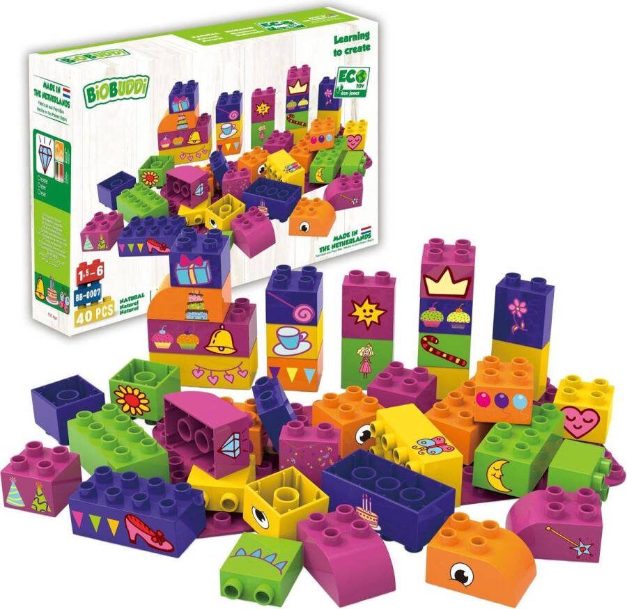 BiOBUDDi Bouwset met basisplaat Bouwspeelgoed Biologisch plastic Passend op Lego Duplo Inclusief stickervel CO2 Neutraal + 100% Recyclebaar