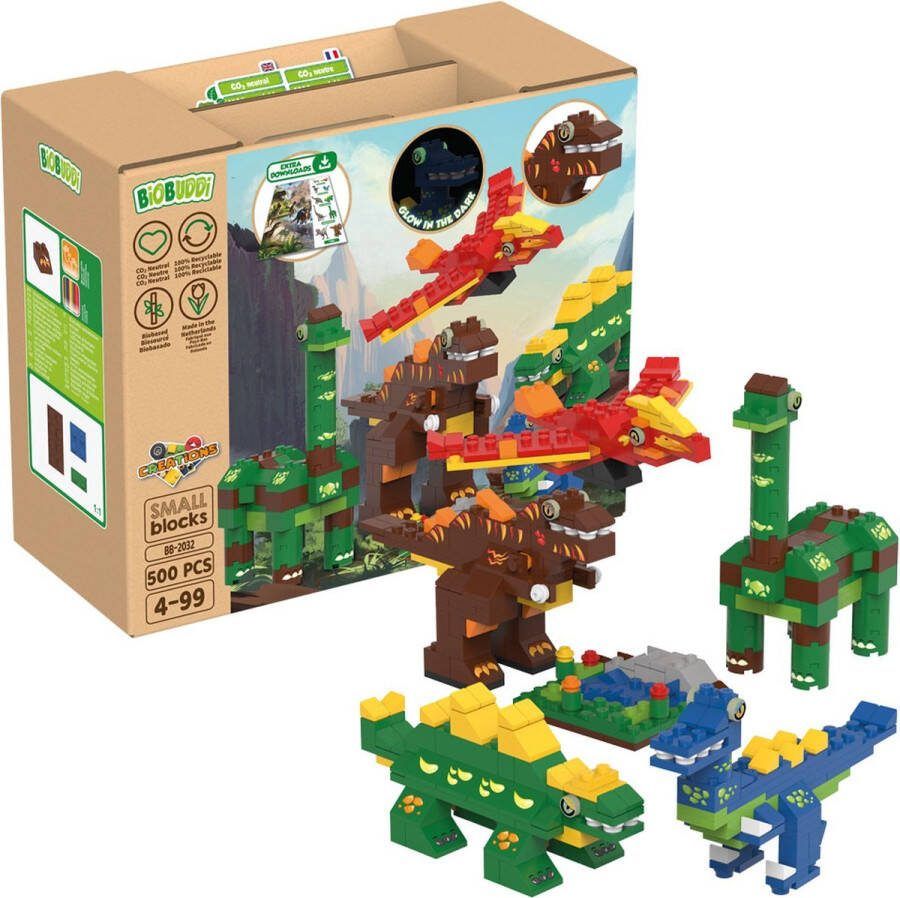 BiOBUDDi Dinosaurus wereld Dinosaurus speelgoed Biologisch plastic Passend op Lego Duplo Inclusief stickervel en glow in the dark- CO2 Neutraal + 100% Recyclebaar