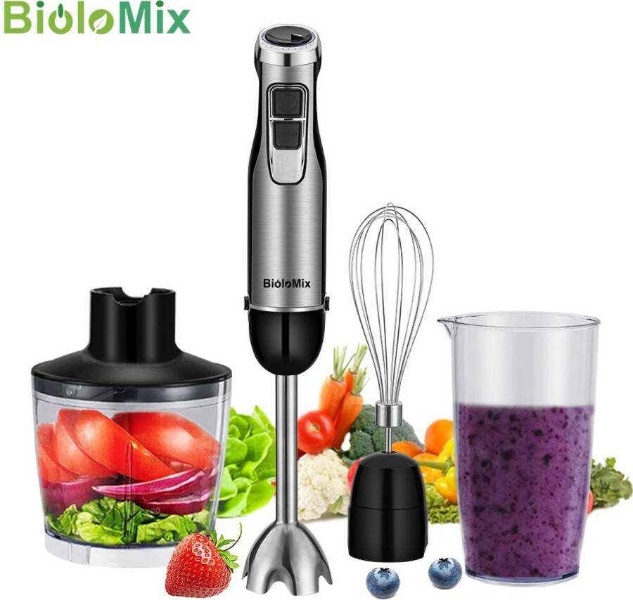 BioloMix 4-In-1 High Power Blender Handmixer Mixer 1200W Omvat Chopper En Smoothie Cup Roestvrij Staal