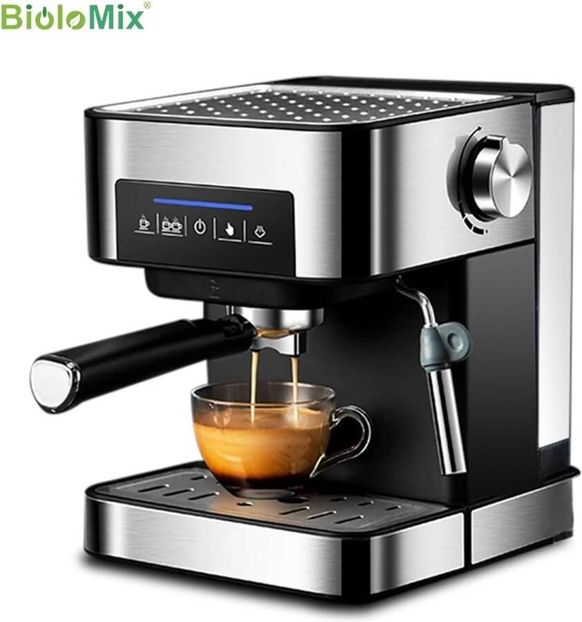 BioloMix Italiaanse Espresso Machine Gemalen koffie Koffiezetapparaat 1.6 Liter 20Bar Met Melkopschuimer en Warmhoudplaat Semi-automatisch Espresso Cappuccino Grijs