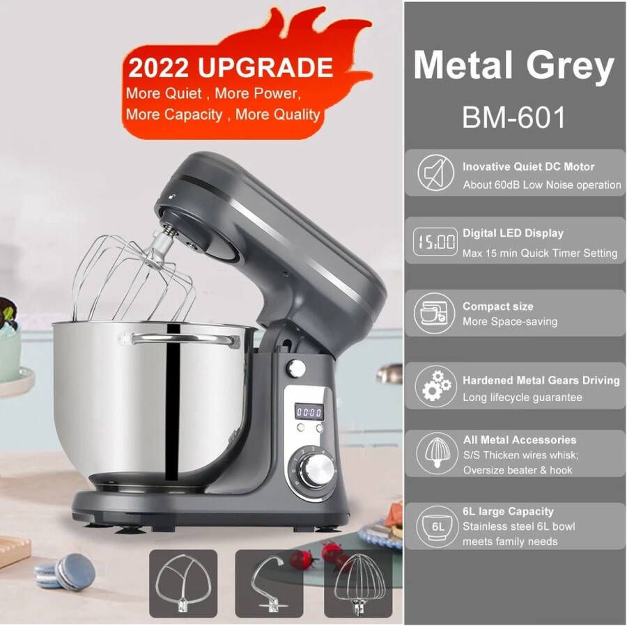 BioloMix Keukenmachine Keukenmixer Foodprocessor Mixer Blender Stille motor Keukenmachines Mixer met mengkom Mixers 6L kom 1200W Grijs