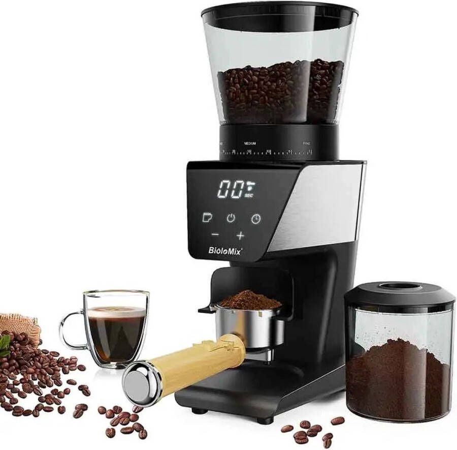 Biolomix Koffiemolen Elektrisch Koffiebonen Machine 300 Watt Touch Display Geschikt Voor Portafilter 51-54 MM Zwart
