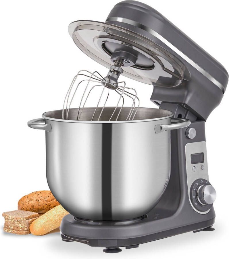 BioloMix ShopEighty8 Keukenmachine Deegmachine Keukenmixer Mixer Blender Digitale Timer Led Display Keukenmachine met RVS Mengkom 6 LTR. 1200W Stille Motor met 6 Snelheden Metallic Gray