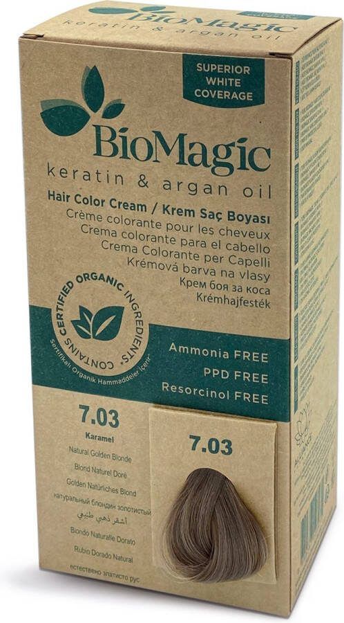 BioMagic Natuurlijke Biologische haarverf verrijkt met Keratine en Arganolie zonder Ammoniak PPD en Resorcinol- NATUURLIJK GOUDBLOND 7 03 Je haar kleuren en verzorgen in één met permanente haarverf! Organic Dierproefvrij 100% Grijsdekkend