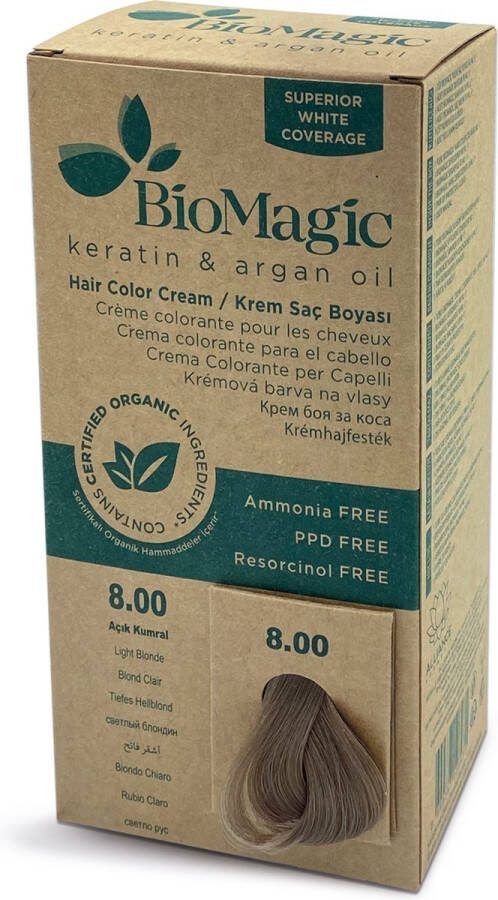 BioMagic Natuurlijke Biologische haarverf verrijkt met Keratine en Arganolie zonder Ammoniak PPD en Resorcinol- Kleur LICHTBLOND 8 00 Je haar kleuren en verzorgen in één met permanente haarverf! Organic Dierproefvrij 100% Grijsdekkend