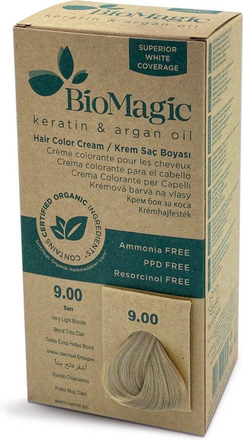 BioMagic Natuurlijke Biologische haarverf verrijkt met Keratine en Arganolie zonder Ammoniak PPD en Resorcinol- EXTRA LICHT BLOND 9 00 Je haar kleuren en verzorgen in één met permanente haarverf! Organic Dierproefvrij 100% Grijsdekkend