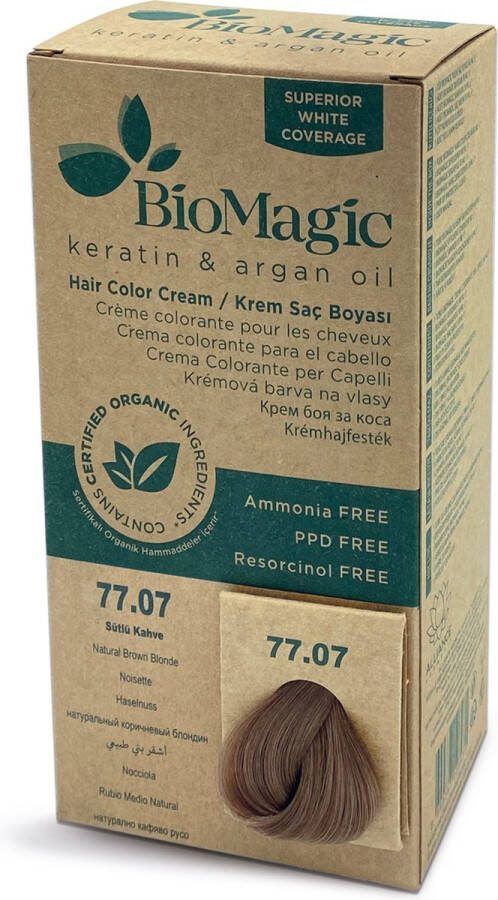 BioMagic Natuurlijke Biologische haarverf verrijkt met Keratine en Arganolie zonder Ammoniak PPD en Resorcinol -NATUURLIJK BRUIN BLOND HAZELNOOT 77 07- Je haar kleuren en verzorgen in één met permanente haarverf!- Dierproefvrij 100% Grijsdekkend