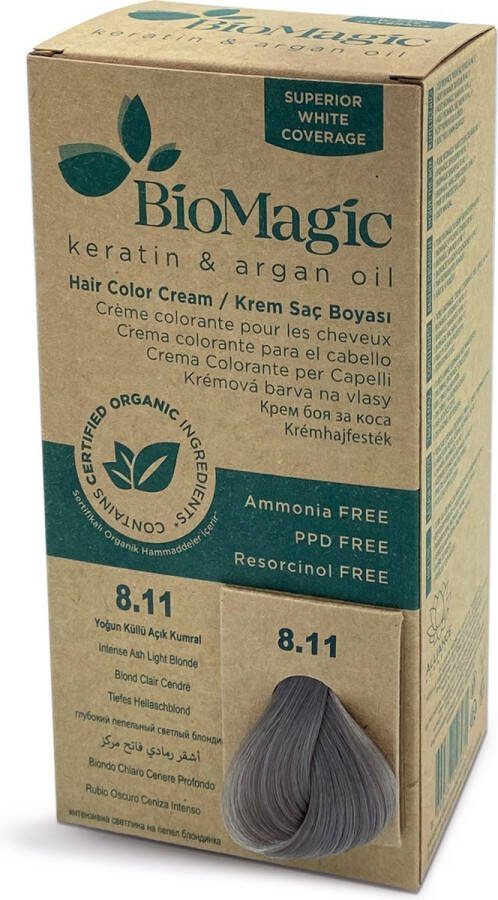 BioMagic Natuurlijke Biologische haarverf verrijkt met Keratine en Arganolie zonder Ammoniak PPD en Resorcinol- Kleur INTENSE LICHT ASBLOND 8 11- Je haar kleuren en verzorgen in één met permanente haarverf! Organic 100% Grijsdekkend