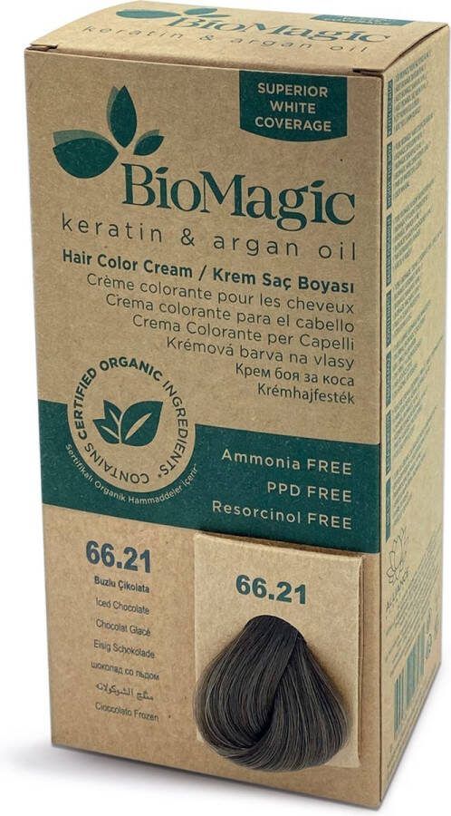 BioMagic Natuurlijke Biologische haarverf verrijkt met Keratine en Arganolie zonder Ammoniak PPD en Resorcinol- Kleur ICED CHOCOLATE 66 21- Je haar kleuren en verzorgen in één met permanente haarverf! Organic Dierproefvrij 100% Grijsdekkend