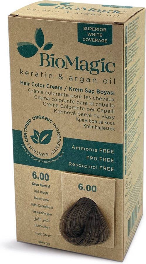 BioMagic Permanente Haarverf met Biologische Ingrediënten DONKERBLOND 6 00 – zonder Ammoniak zonder PPD zonder RESORCINOL Natuurlijke haarverf Natuurlijke haarkleur in apotheken