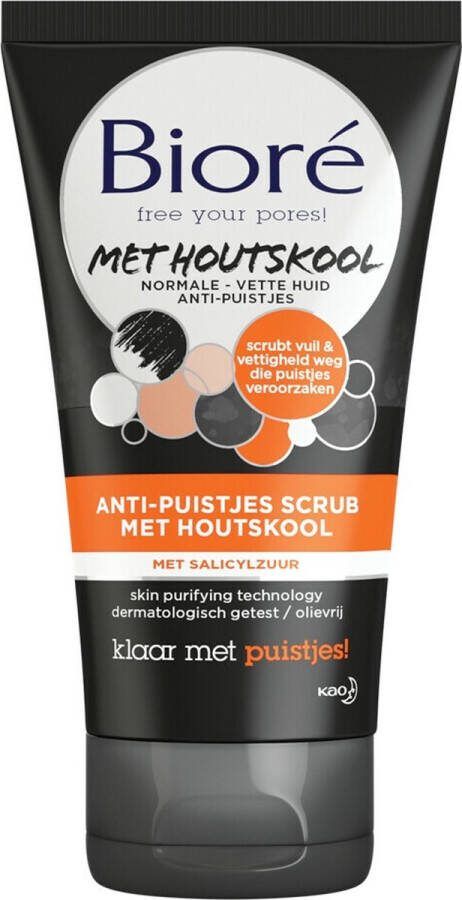 Bioré Houtskool Anti-Puistjes Scrub 125ml Diepreinigende Gezichtsscrub Porieverkleinend Met Houtskool Extracten Verfrissende Formule