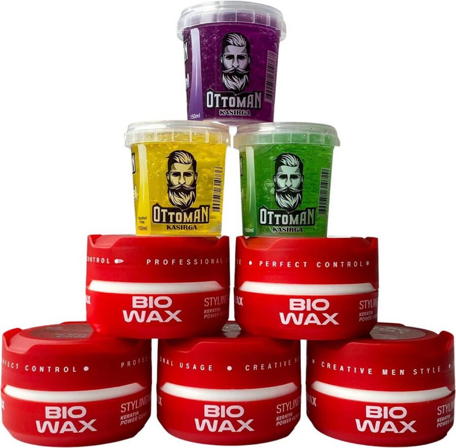 Biowax 5-Pack Voordeelbundel Professional 03 Aqua Haarwax + 3 stuks Ottoman Topkwaliteit Haargel Dé Gezonde formule voor het haar Toegevoegde Vitaminen Keratine en Proteïne Gezond en Stevig Haar Strong Hold Frisse Aardbeiengeur Hairgel