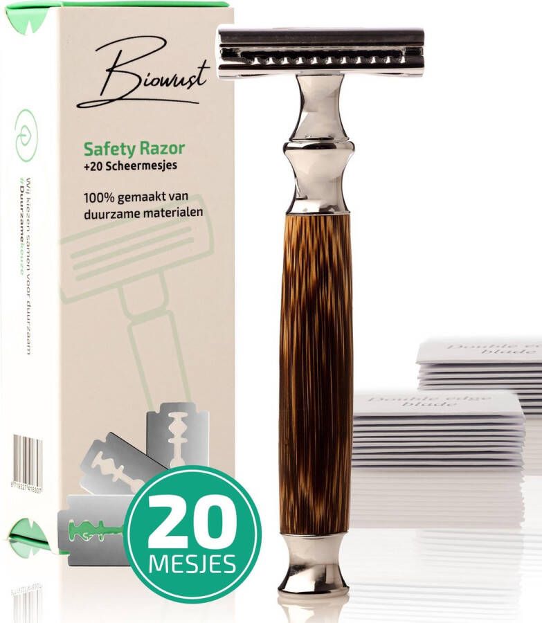 Biowust Safety Razor Bamboe + 20 Scheermesjes – Voor Mannen en Vrouwen – Duurzaam en Zero Waste