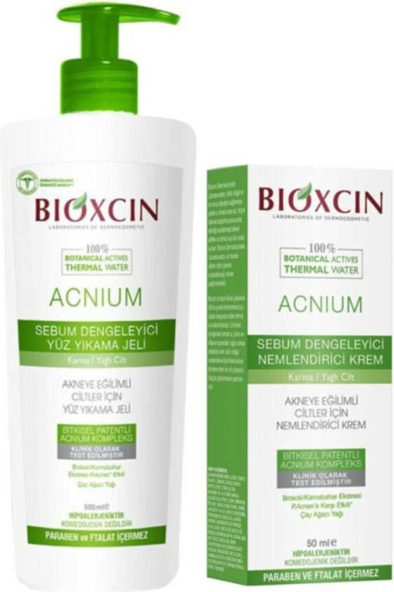 Bioxcin Acnium Sebum Balancing Face Wash Gel gezichtsreiniger (tegen Acne) + Acnium Hydraterende Acne Crème Herbal Bio Acnium bioxsine Vegan