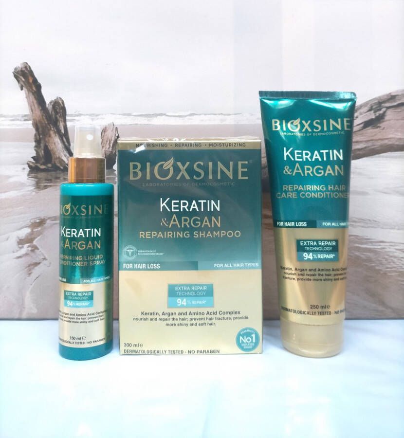 Bioxsine Haarverzorgings set 1 x keratin Argan shampoo 300 ml 1 x keratin Argan haarcrème 250 ml 1 x keratin Argan conditioner 150 ml