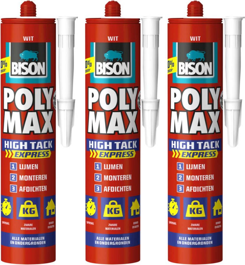 Bison poly max high tack express montagelijm extra sterk extra snel wit 3 x 440 gram
