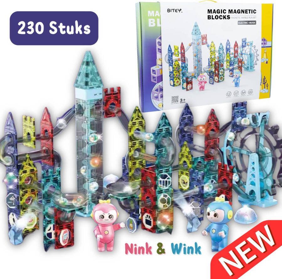Bitey Magnetic Tiles NIEUW Magnetisch speelgoed 230 Stuks Nink & Wink Montessori STEM speelgoed Magnetische Bouwstenen Magnetische tegels Speelgoed 3+ jaar Magnetisch speelgoed bouwblokken Muziek Verlichting Attractie Knikkerbaan