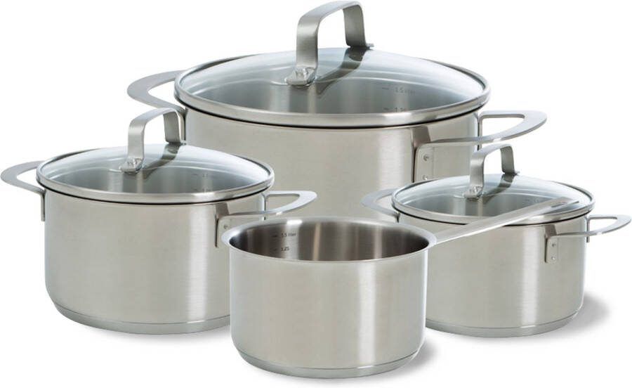 BK Bistro Pannenset 4 delig met glazen deksels 16 18 20cm kookpan en 16cm steelpan inductie en gas RVS