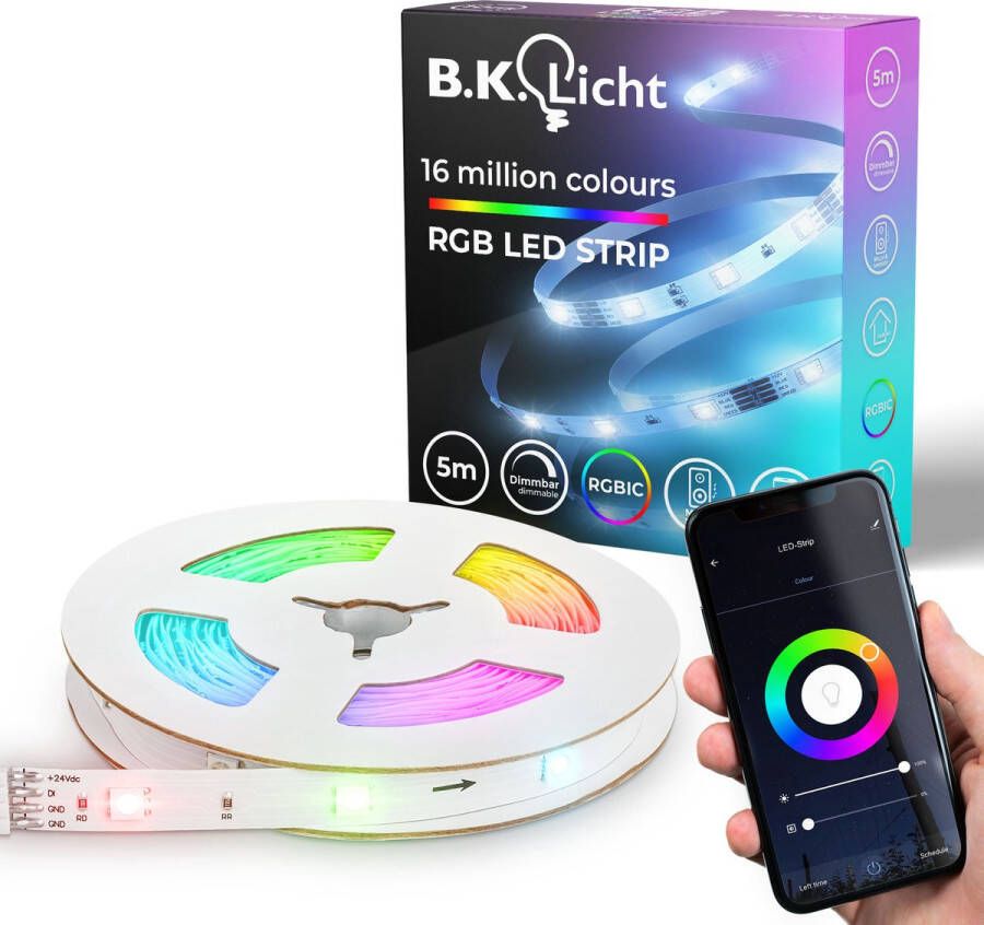 B.K.Licht Led-strip Wifi RGBIC LED strip 5 m met app-besturing Lichtstrip met muzieksensor slim LED band zelfklevend (1 stuk)