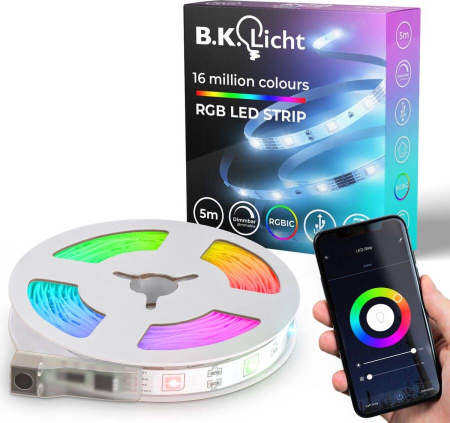 B.K.Licht Led-strip Wifi RGBIC USB LED-strip 5 m met app-besturing Lichtstrip met muzieksensor slim LED band zelfklevend (1 stuk)