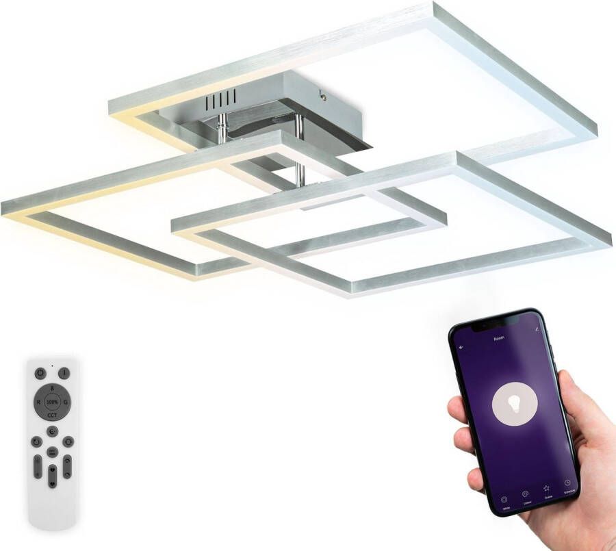 B.K.Licht LED FRAME Plafondlamp smart WiFi Plafonnière CCT RGB met app en afstandsbediening dimbaar Draaibaar Chroom-Aluminium 4800 lumen 48 Watt