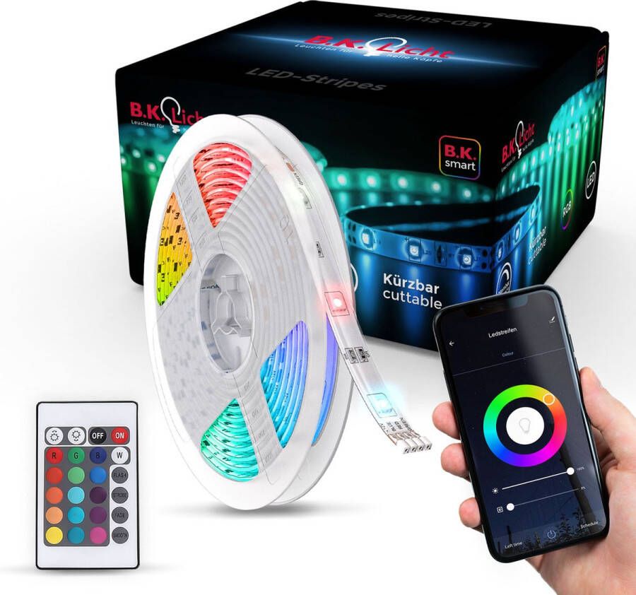 B.K.Licht Smart LED Strip 5 meter dimbaar WiFi Lightstrip google home RGB wit en gekleurd licht siliconencoating met app ondersteuning zelfklevend incl. afstandsbediening