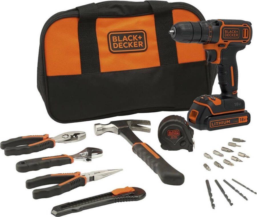 BLACK+DECKER 18V Accuboormachine BDCDC18HTSA Exclusief Accu en Lader Inclusief 20-delige Gereedschapset en Tas