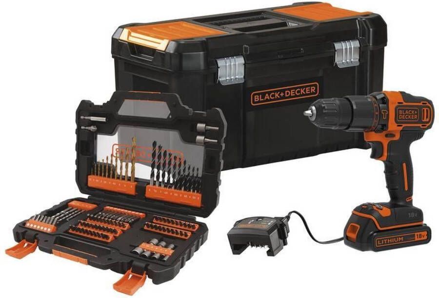 BLACK+DECKER Black&decker Accuklopboorschroefmachine Bdchd18s1ka 18v 2-traps Incl. 1 5 Ah Accu & 104-delige Accessoireset