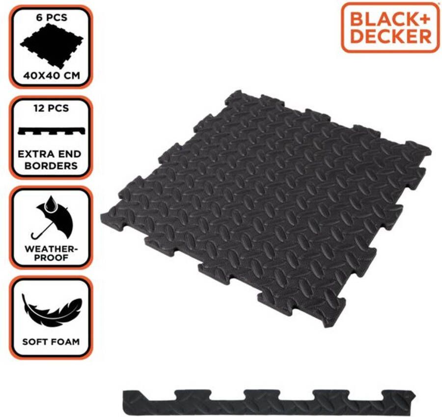BLACK+DECKER Vloermat 6 Stuks 40 x 40 x 1 CM Vloerbescherming Dempend Materiaal Puzzelmatten Ribbels Zwart