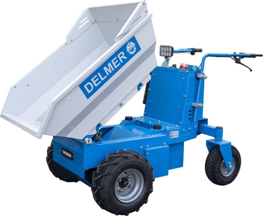 Blauw Elektrische Mini Dumper Hydraulische kiepbak 8-10 werkuren Zero-Emissie Makkelijk Verwisselbare Accu Professionele Kwaliteit Ideaal voor Hoveniers Bouw Wegenbouw Manege Elektrische Kruiwagen Krachtig Duurzaam Gebruiksvriendelijk