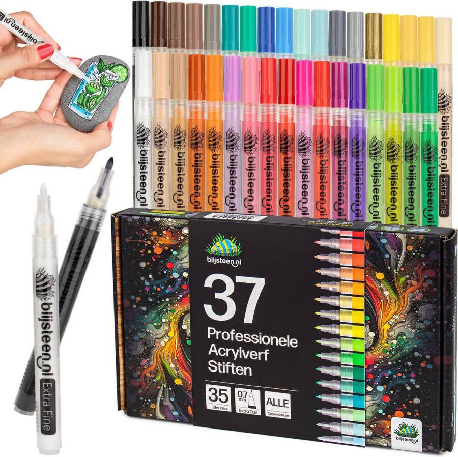 Blijsteen.nl 37-Delige Acryl Marker Stiften 0.7 mm Set Verfstiften voor Volwassenen Tekenset Acrylstiften voor Stenen Schilderen Happy Stones Stiften voor Volwassenen