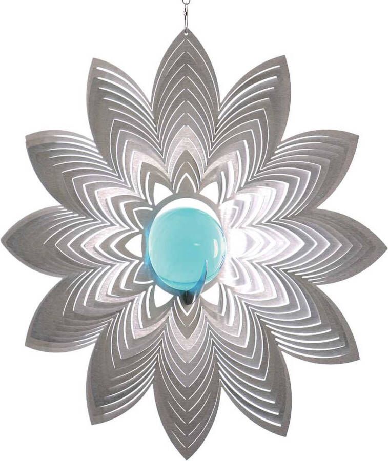 BlinQ Art Windspinner Bloem RVS 194mm rond Glaskogel 35mm turkoois