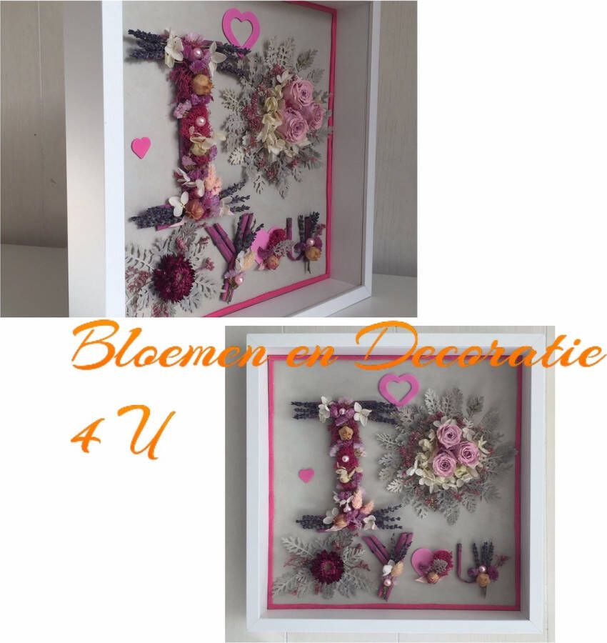 Bloemen en Decoratie 4U Een exclusieve prachtig bloemdecoratie “I Love You”van droogbloemen en met drie geconserveerde ( longlife) rozen in 3D fotolijst 35 x 35 cm eyecatcher speciaal voor Valentijnscadeau