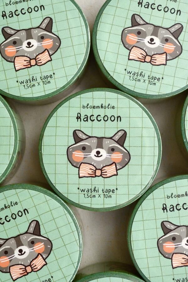 Bloemkolie Illustrations Raccoon Wasbeer Washi Tape Cute Kawaii Schattige decoratieve japanse tape