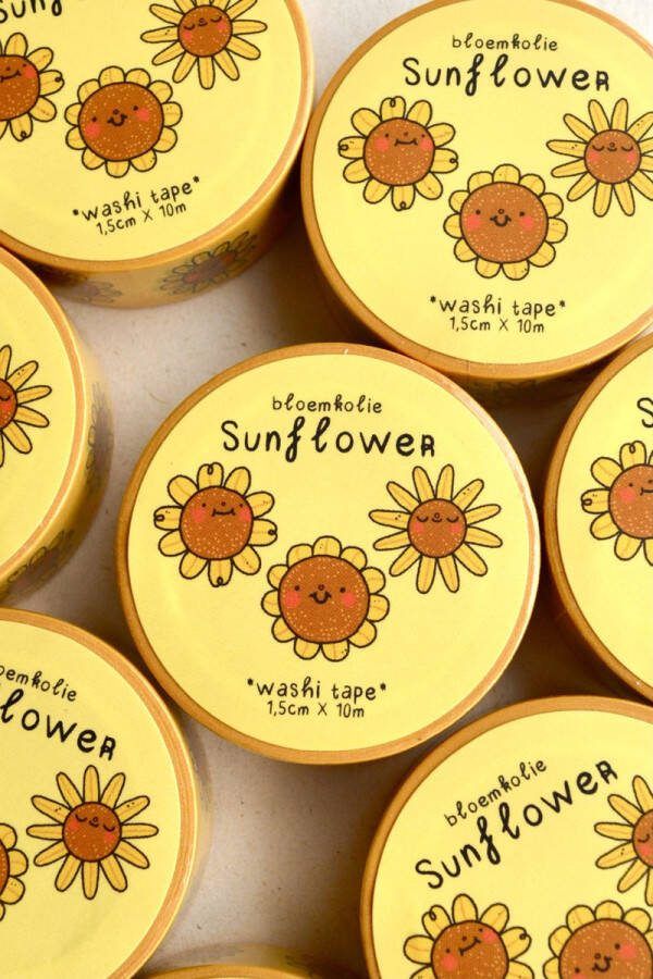 Bloemkolie Illustrations Sunflower Zonnebloem Washi Tape Kawaii Cute Schattige decoratieve Japanse tape Journal