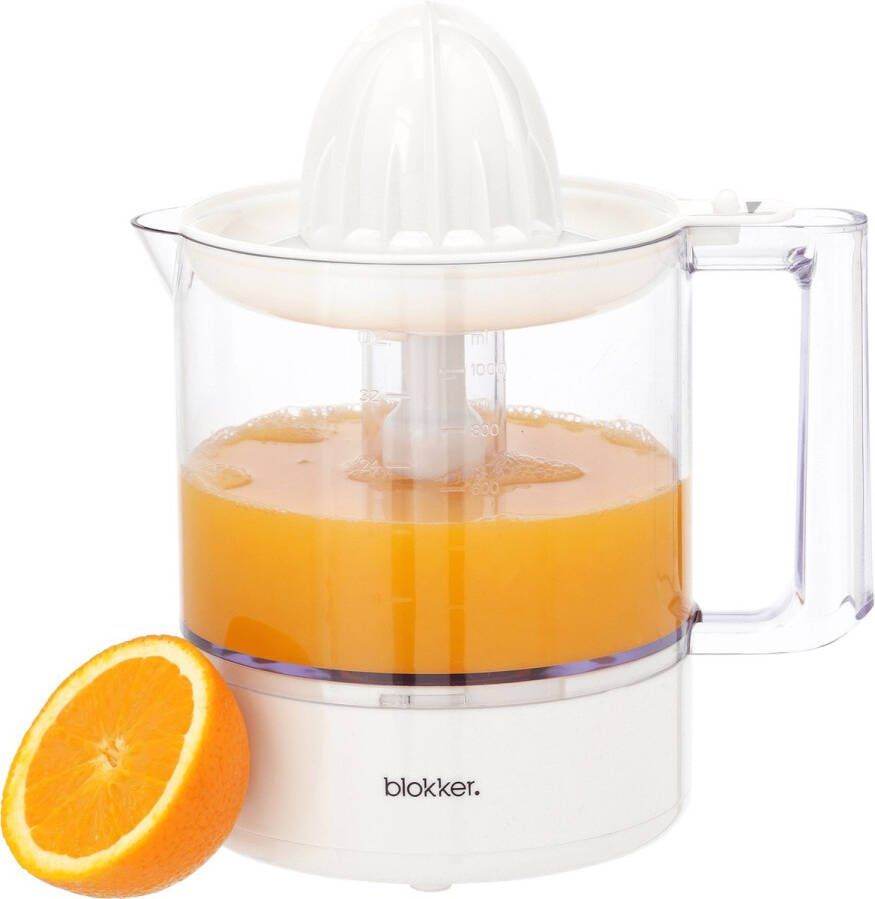 Blokker Citruspers Elektrisch Wit 1 Liter Sinaasappelpers Elektrisch 30W – Vers Fruitsap in een Handomdraai – Vaatwasserbestendige Onderdelen – Voorzien van Antislip Voetjes