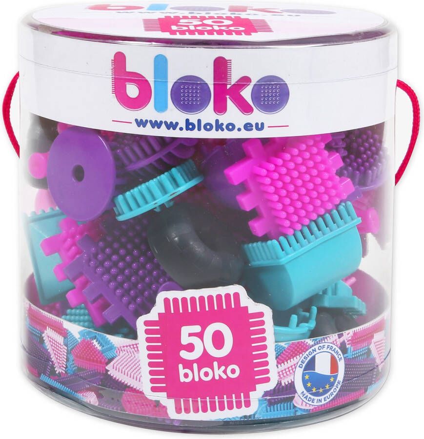 Bloko tube met 50 bouwstukken- Roze Bouwset Nopper