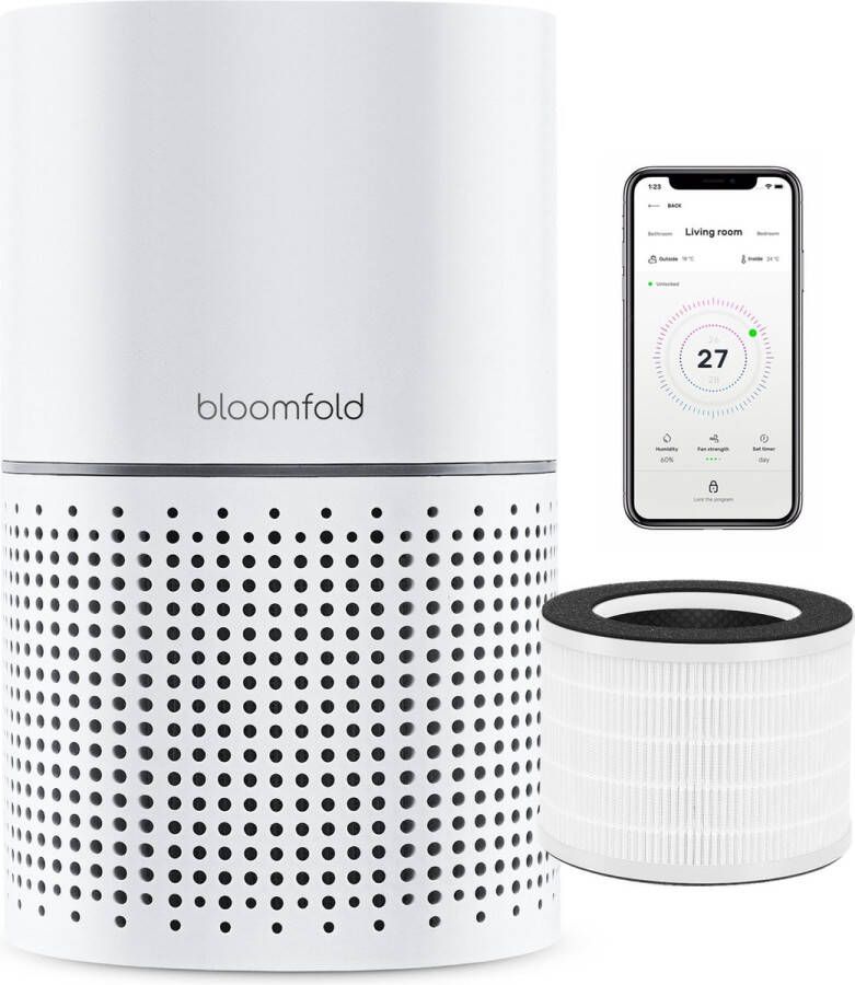 Bloomfold Luchtreiniger met HEPA 13 filter + koolstoffilter Air purifier CADR: 240m3 h. 3 standen Incl. Wifi modus & app Luchtkwaliteit indicator Wit