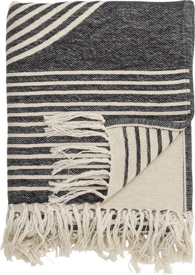 Bloomingville Anek plaid met franjes floches 150 x 130 cm katoen polyester zwart wit