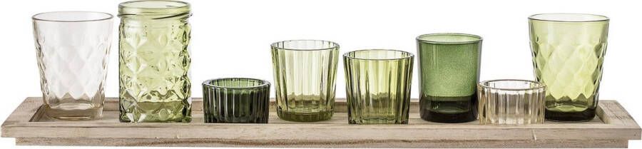 Bloomingville Waxinelichtjes Glas Hout Groen set van 9 L50xH11xB14 cm