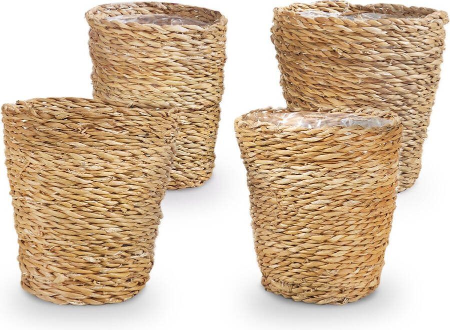Bloomique Gevlochten Plantenpot Coco Set van 4 Potten Beige Zeegras Mand voor Planten Binnen en Buiten H13x Ø12