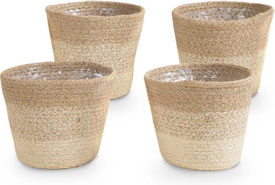 Bloomique Gevlochten Plantenpot Gaby Set van 4 Potten Beige Jute Mand voor Planten Binnen en Buiten H13x Ø12
