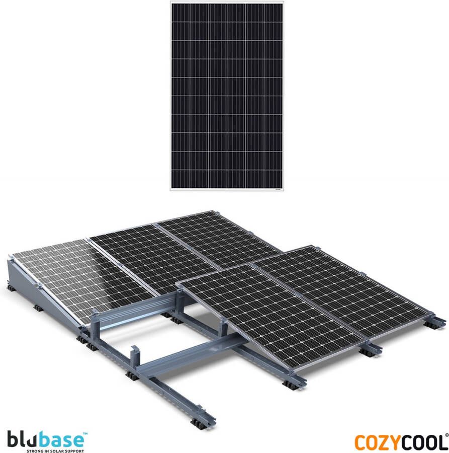 Blubase zonnepanelen montageset plat dak 1 rij van 1 paneel portrait 10° tilt Complete set met zijplaten achterplaat klemmen schroeven en ballastbak